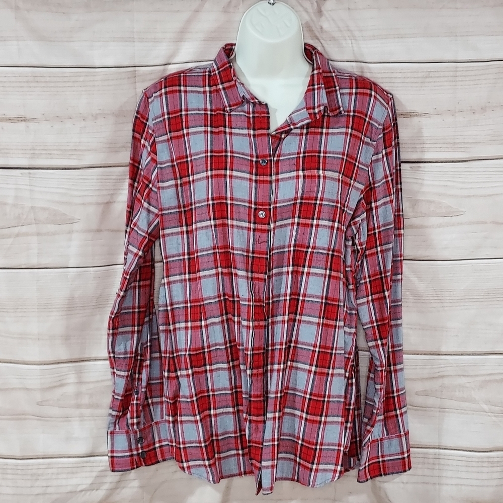 JCrew flannel shirt boy fit button up long sleeve red gray black plaid L